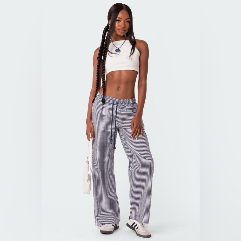 Edikted Seaside Stripe Wide Leg
Drawstring Pants in Navy Mix - Picture 3 of 11
